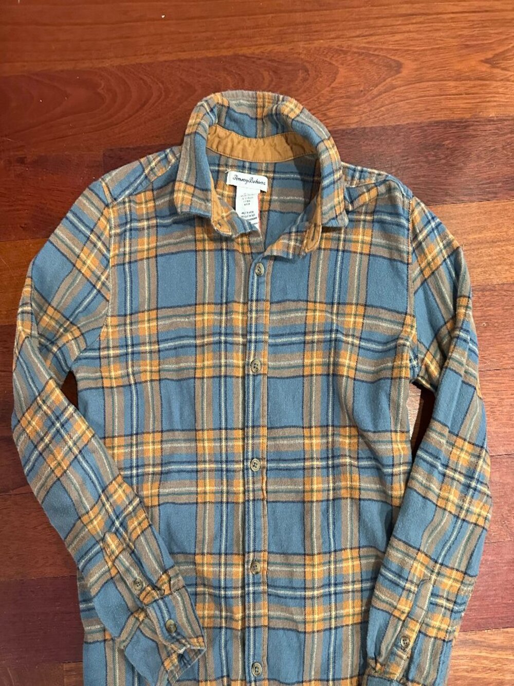 Tommy Bahama Plaid Flannel Button Down Shirt Boys XL Blue Brown.